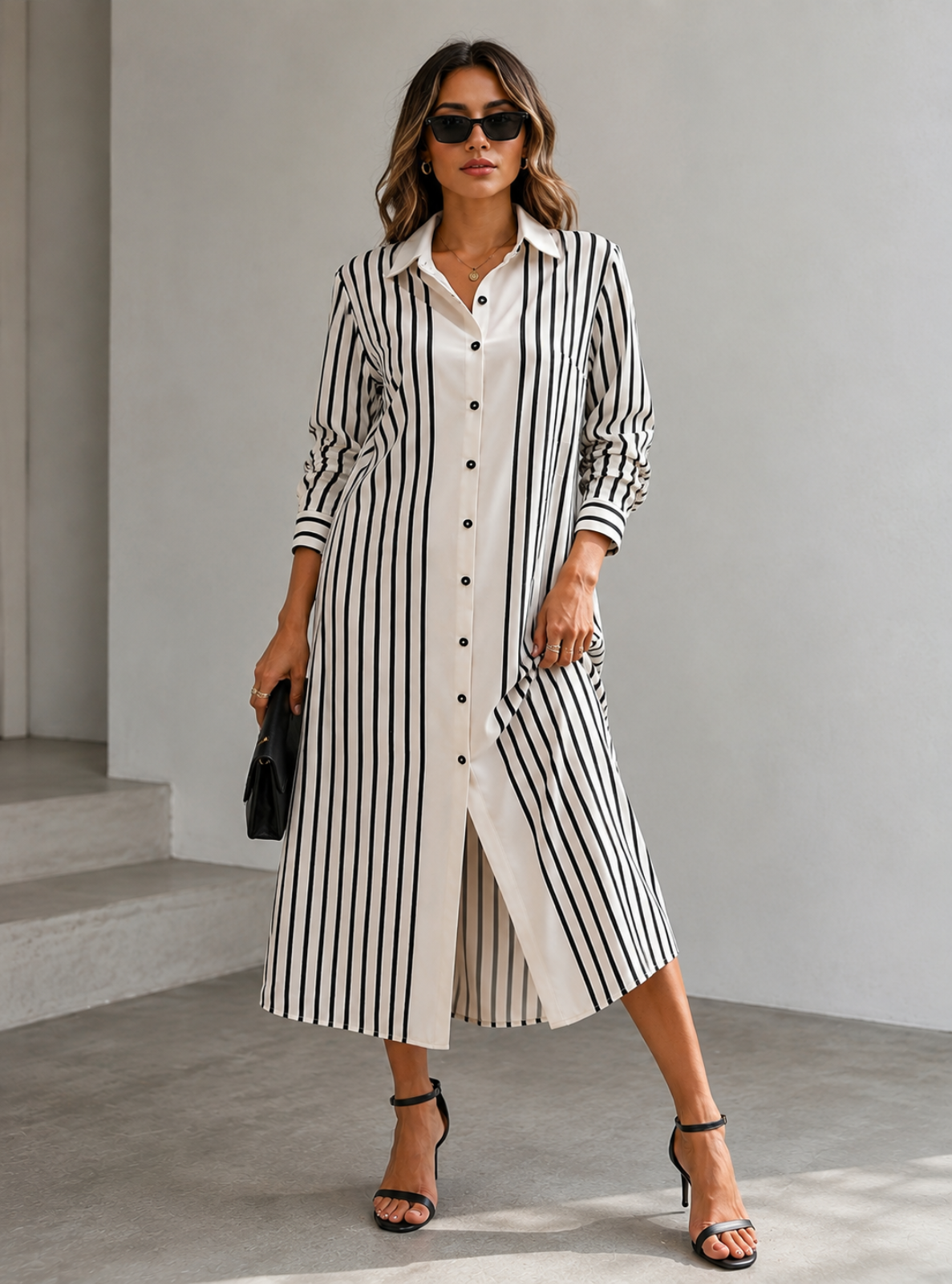 A woman models a long-sleeve midi shirt dress with vertical black stripes on a cream background, styled with black sunglasses, a black clutch, and black strappy heels against a minimalist concrete background.