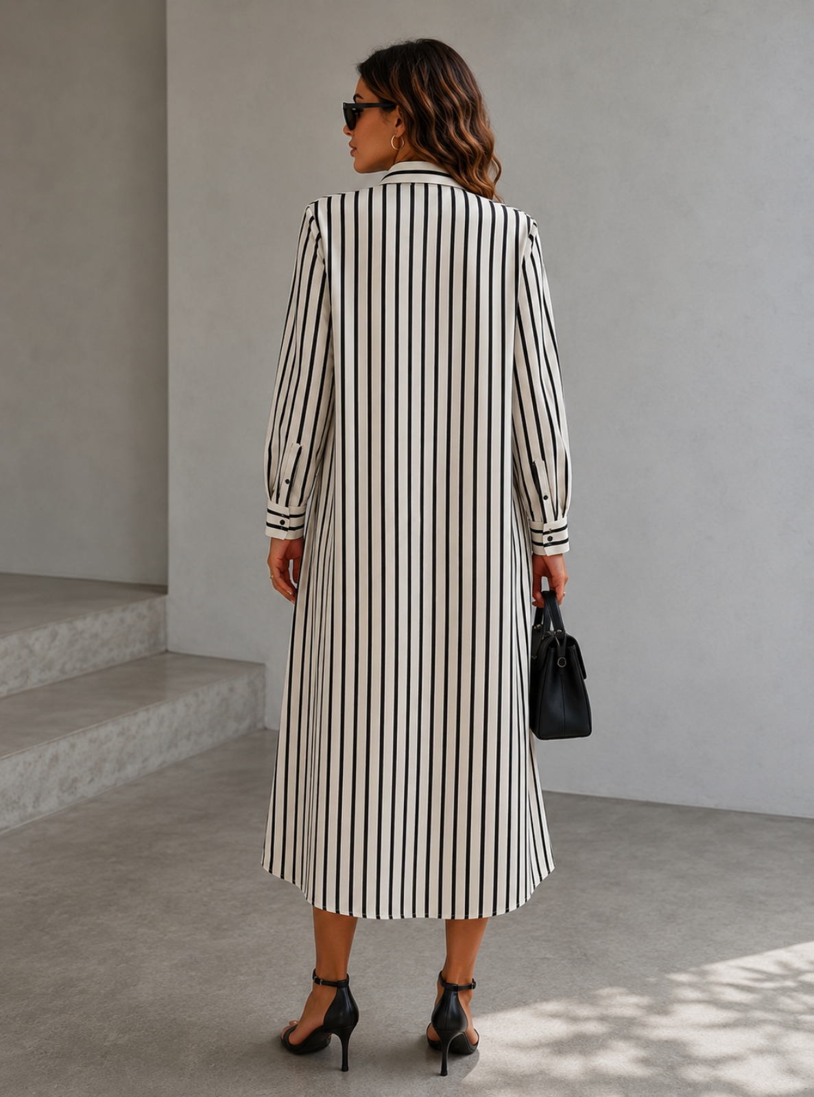 A woman viewed from behind wearing a long-sleeve midi shirt dress with vertical black stripes on a cream background, styled with black heels and holding a black handbag in a minimalist gray interior.