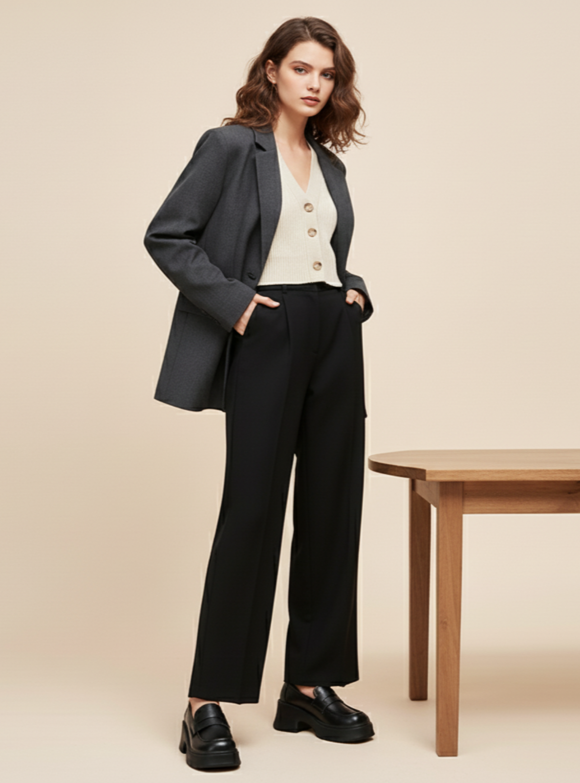 Woman in a black suit standing next to a wooden table on a beige background