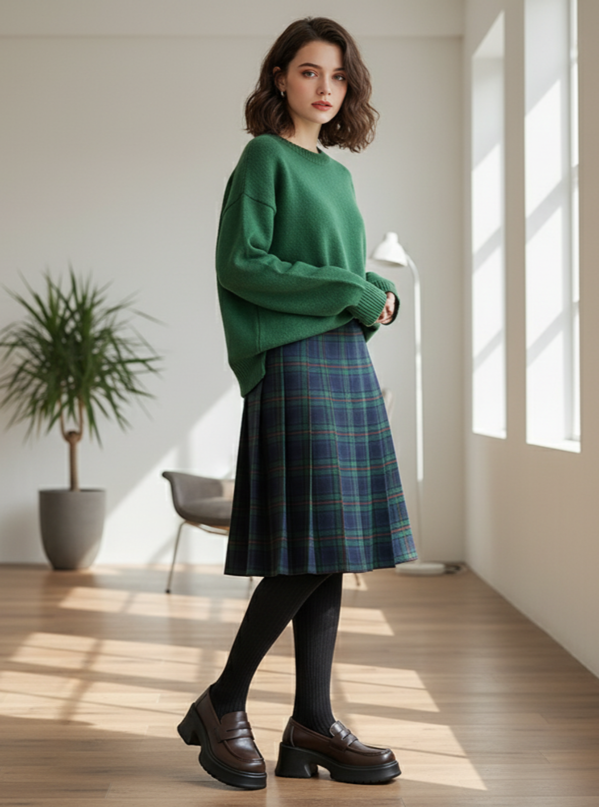 Woman wearing a green sweater and plaid skirt in a bright room with large windows.