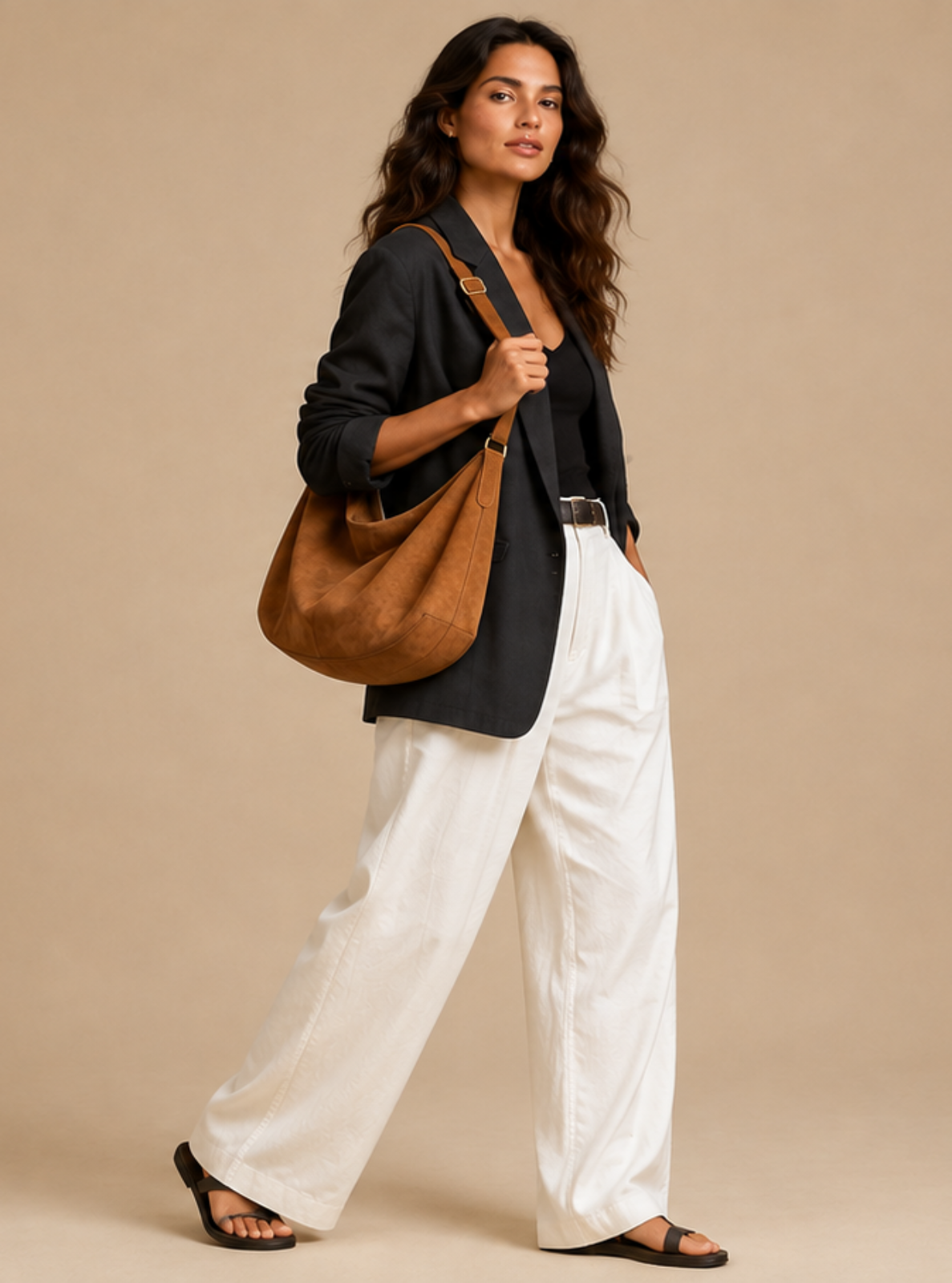 A woman models a brown leather slouchy shoulder bag, styled with a black long-sleeve top and white wide-leg trousers against a solid beige studio background.