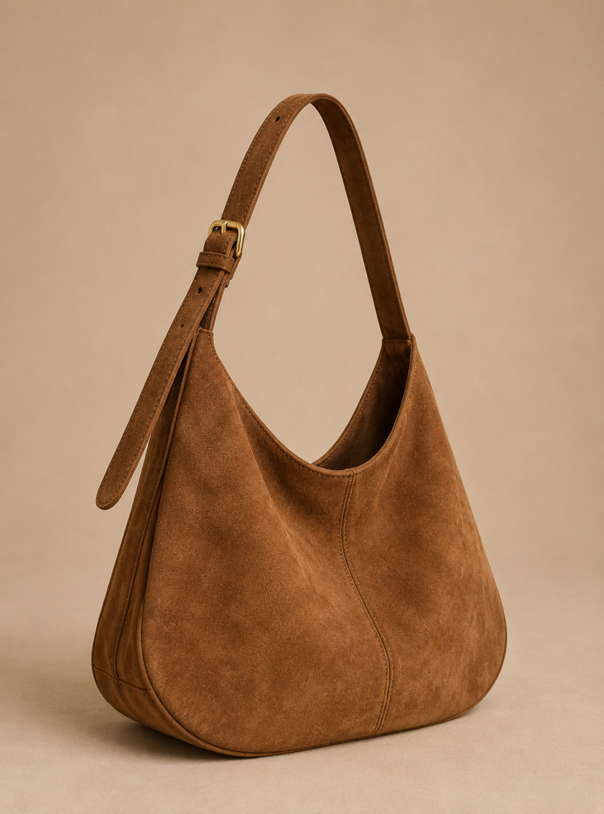 A brown suede hobo shoulder bag with a single adjustable strap and a gold-tone buckle, shown on a solid beige background.