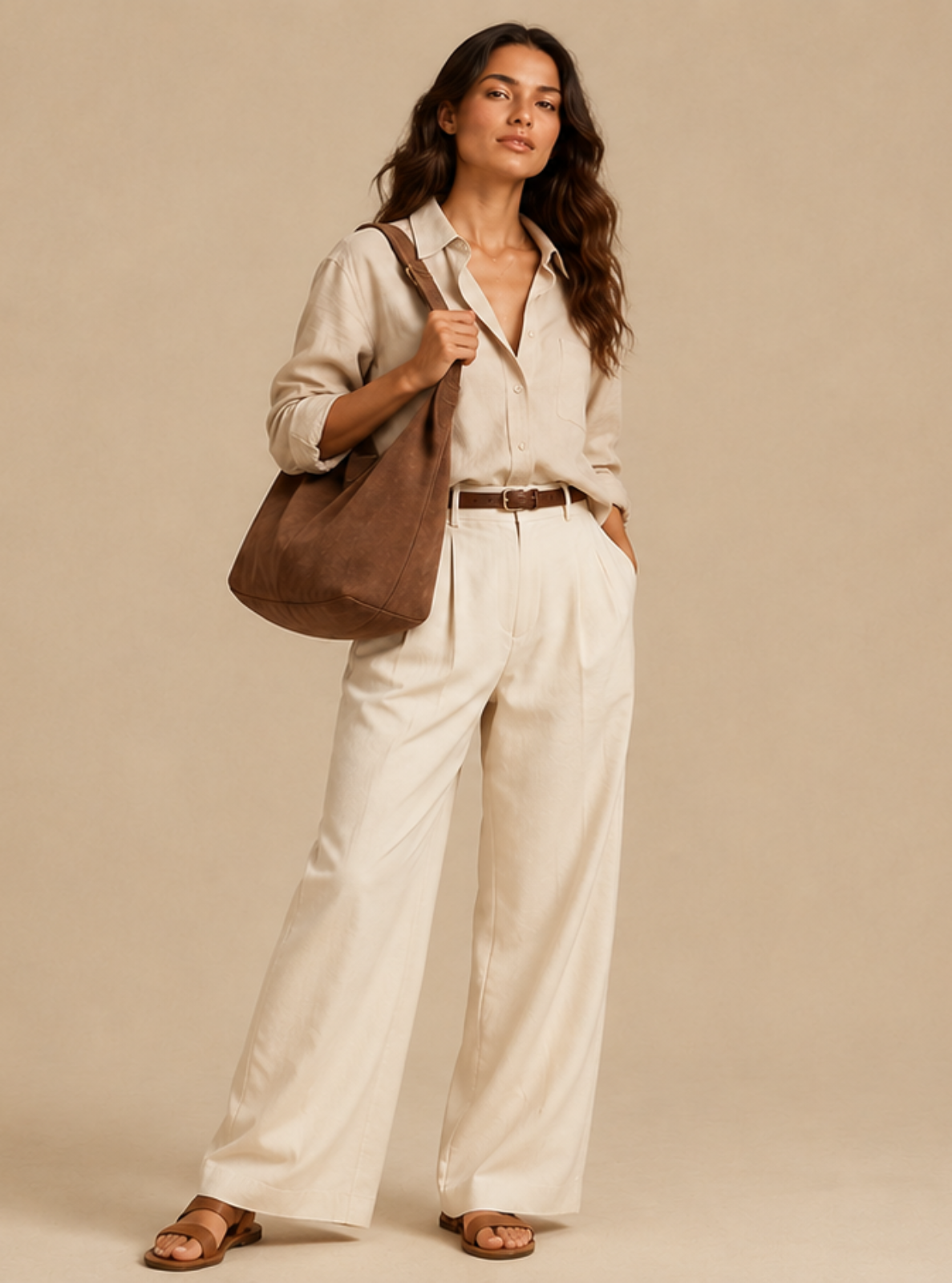 A woman stands against a plain beige studio background wearing a cream-colored long-sleeve button-up shirt and matching wide-leg trousers, styled with a brown shoulder bag and brown sandals.