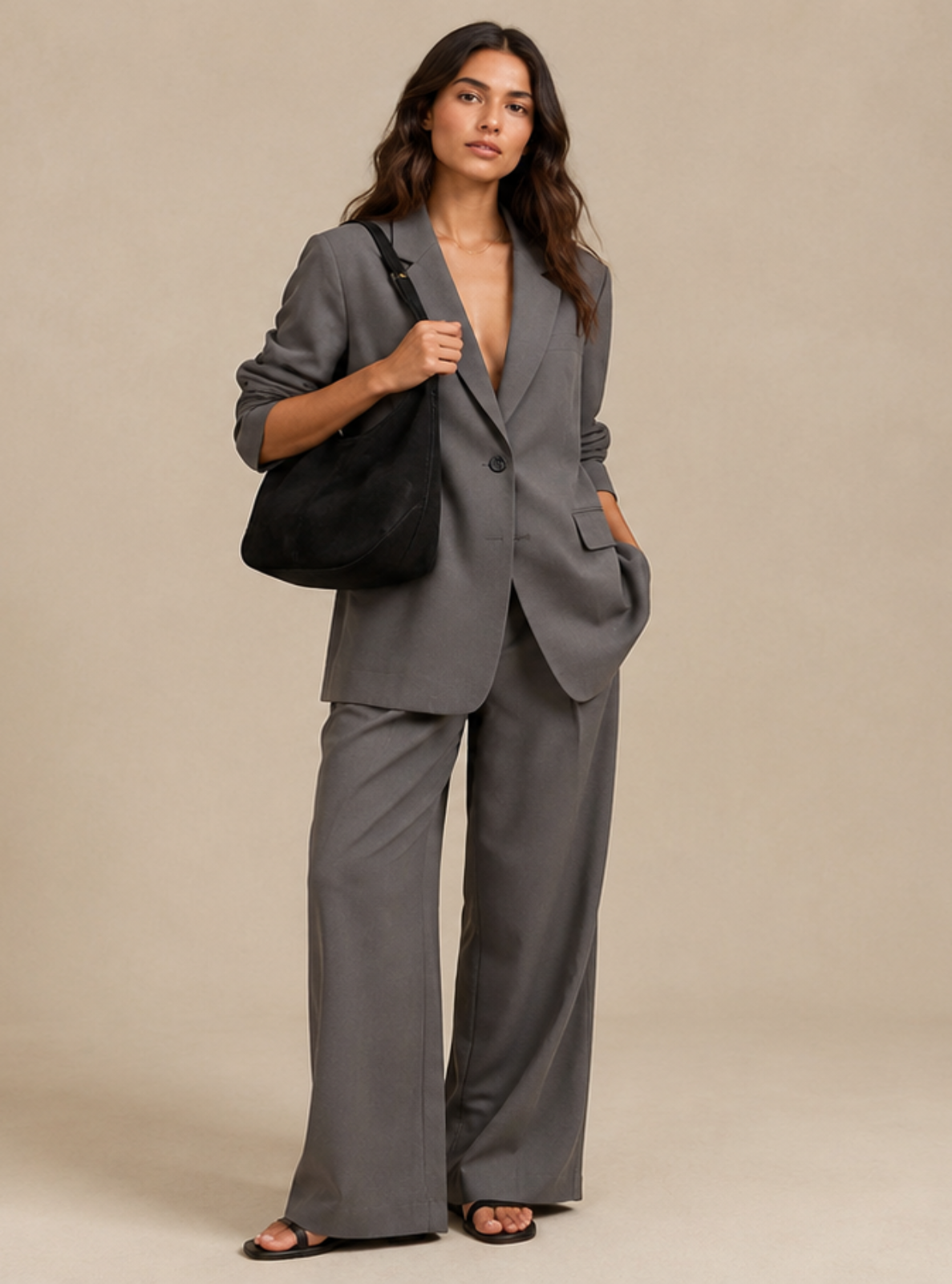 A woman modeling a gray two-piece suit with wide-leg trousers and a matching blazer, styled with a black shoulder bag and black sandals, against a solid beige studio backdrop.