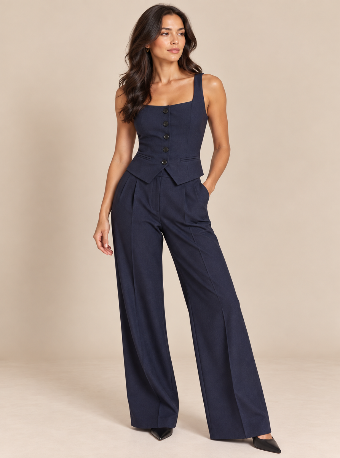 A woman modeling a navy blue sleeveless jumpsuit with a structured corset-style bodice, front buttons, square neckline, and wide-leg trousers, photographed against a plain beige studio backdrop.