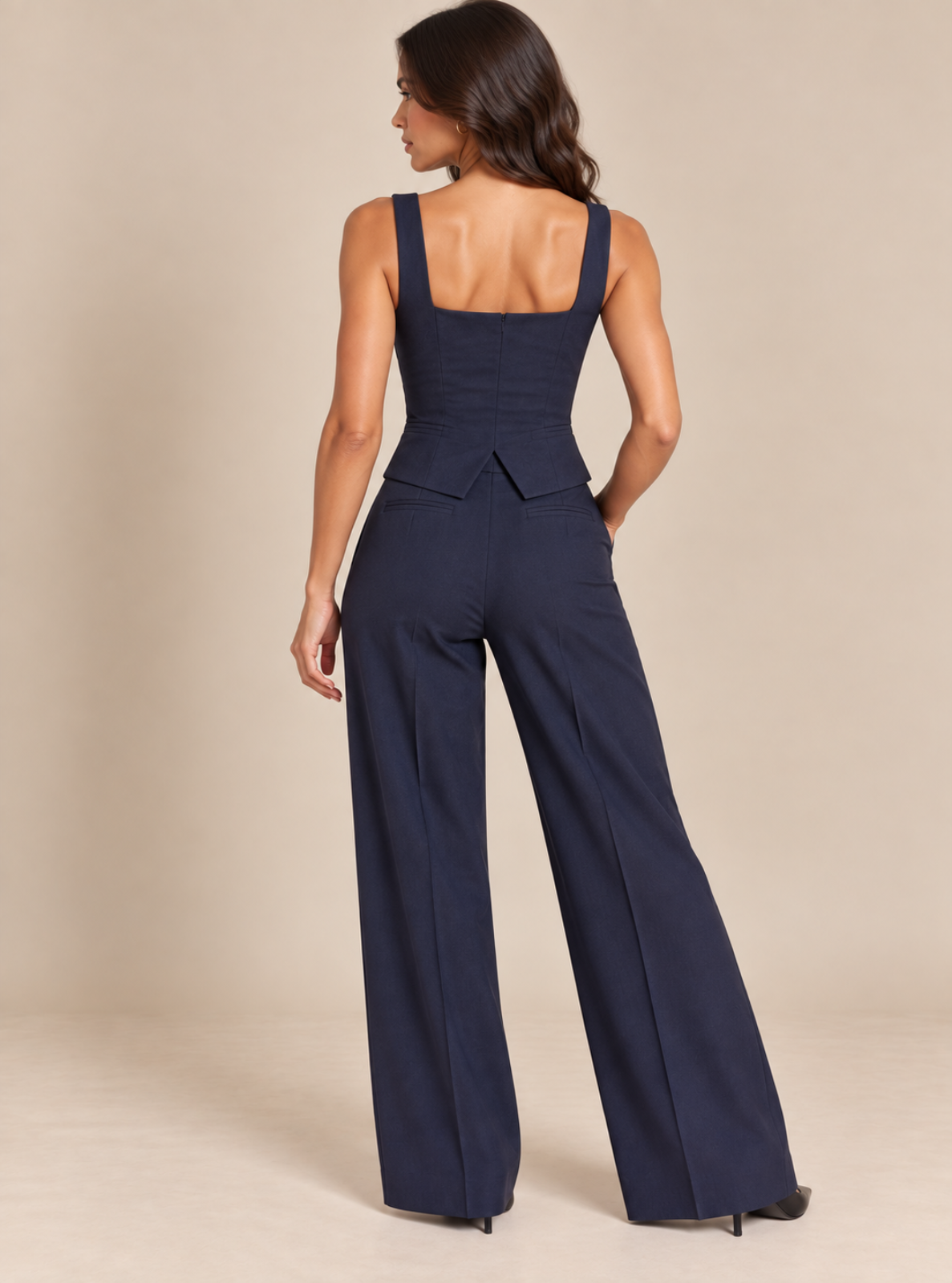 A woman shown from the back wearing a navy blue sleeveless jumpsuit with a structured bodice, wide straps, and wide-leg pants, standing against a plain beige studio backdrop.