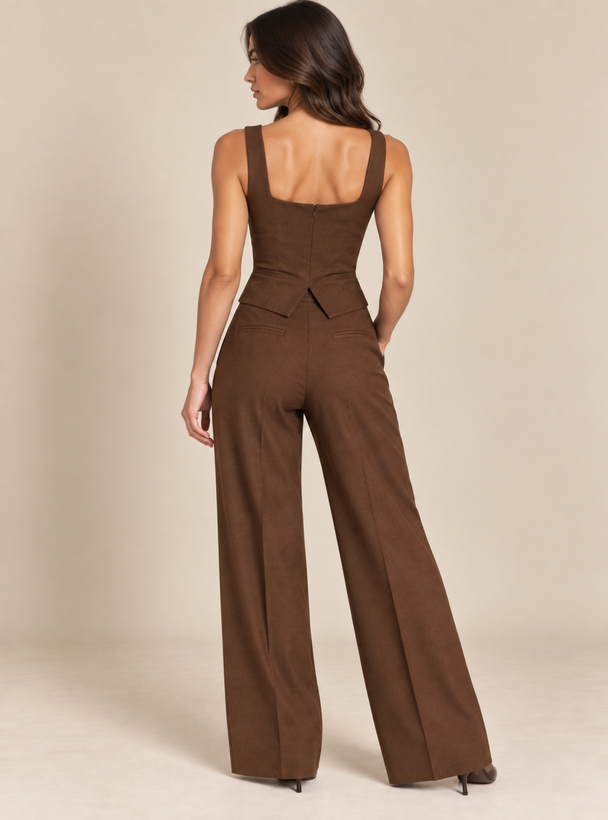 A woman modeling a brown sleeveless jumpsuit from the back, featuring a structured bodice with a central seam and wide-leg pants, set against a plain beige studio background.