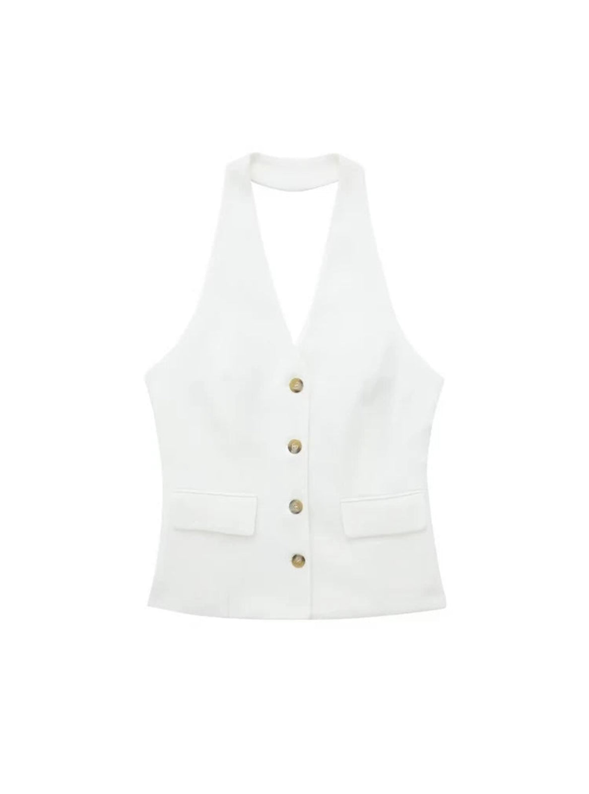 White halter top with gold buttons on a white background