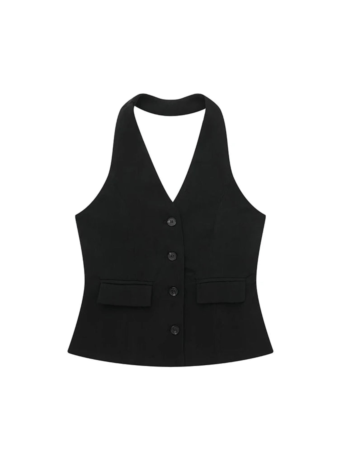 Black vest with button details on a white background