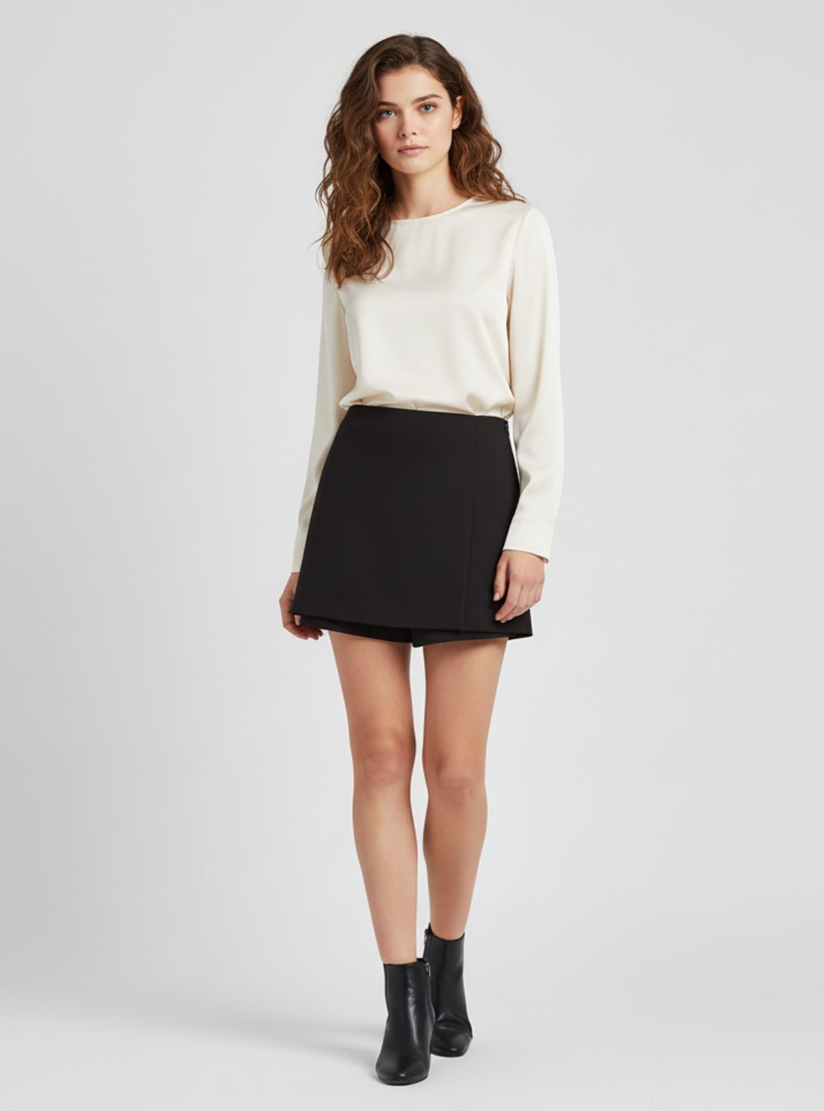 Woman wearing a white blouse and black skirt on a white background