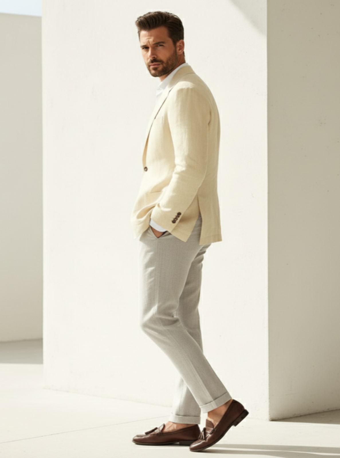 Man wearing a light-colored suit with brown shoes in a minimalistic setting