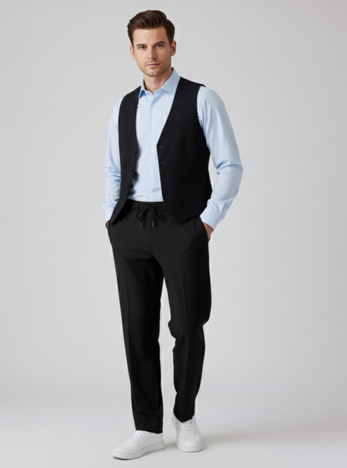 Man wearing a black vest, light blue shirt, and dark pants on a white background