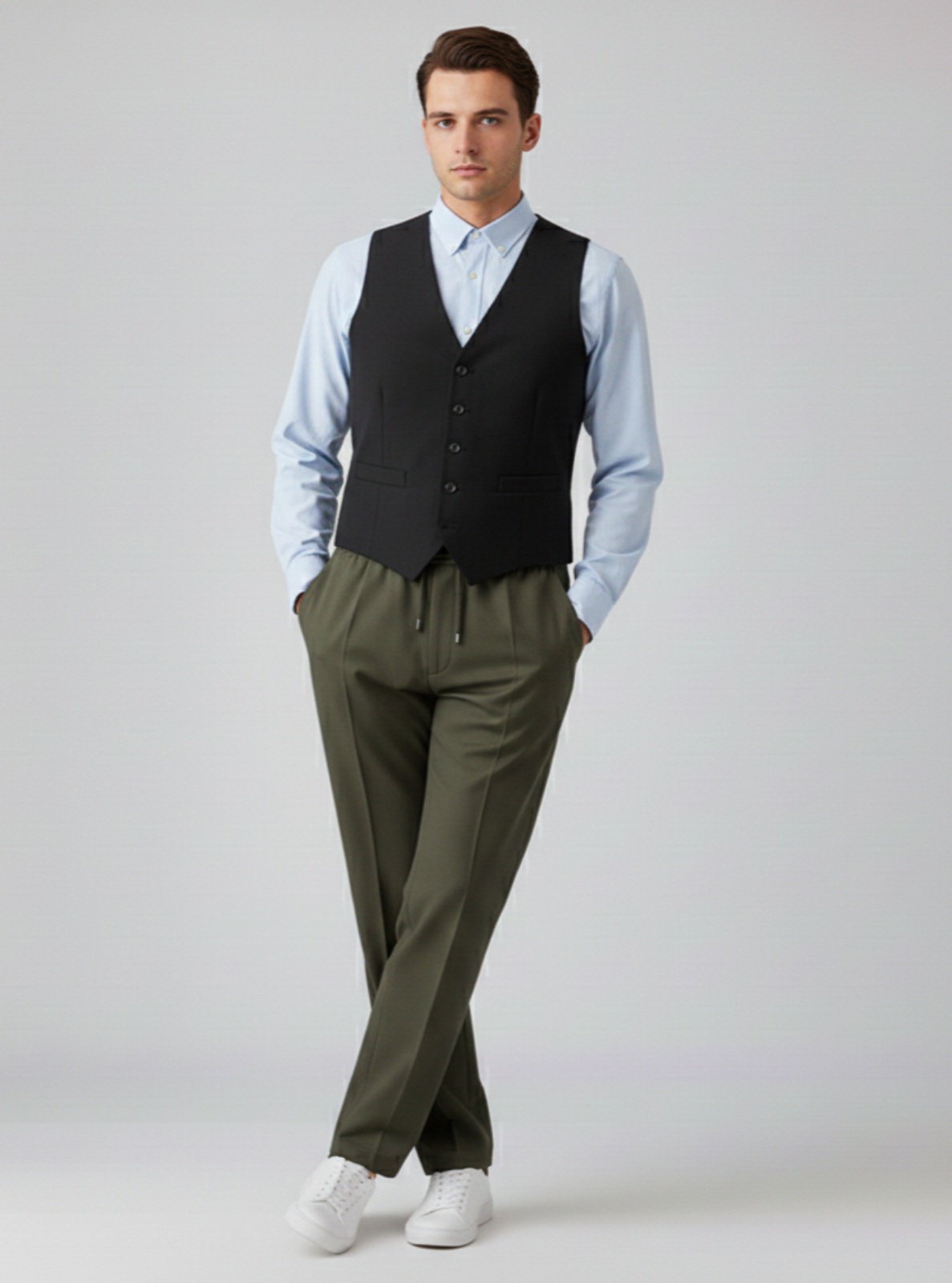Man wearing a black vest, light blue shirt, and green pants on a white background