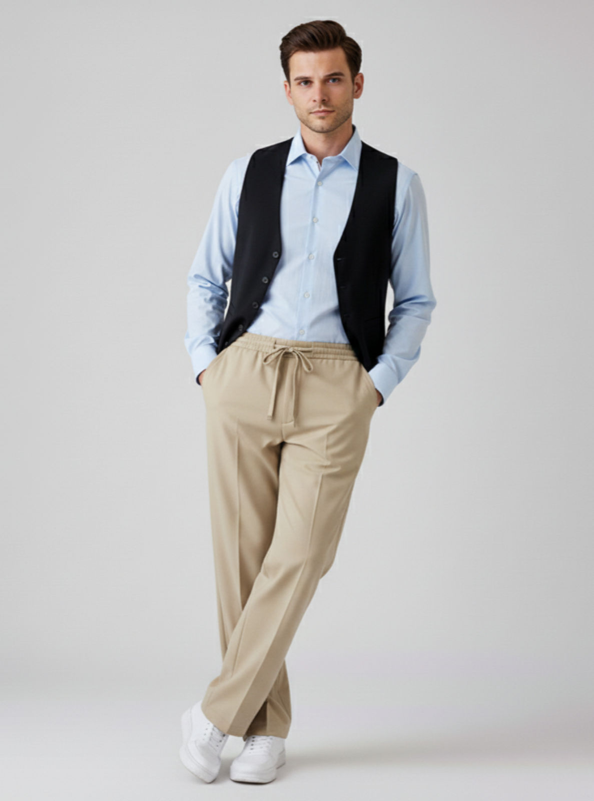 Man wearing a light blue shirt, black vest, beige pants, and white shoes on a plain background