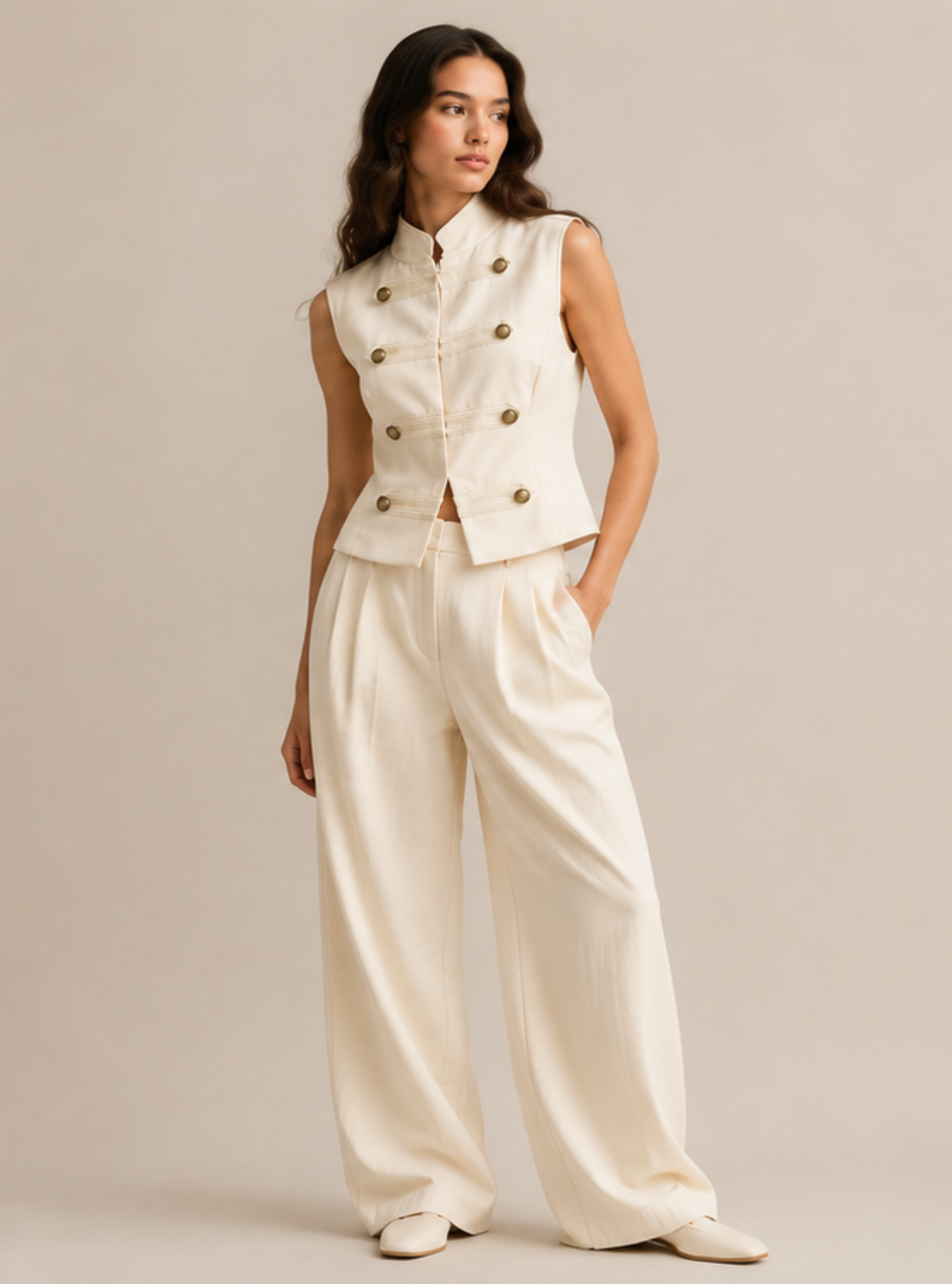 A woman modeling a cream-colored double-breasted sleeveless vest and matching wide-leg trousers against a solid beige studio background.