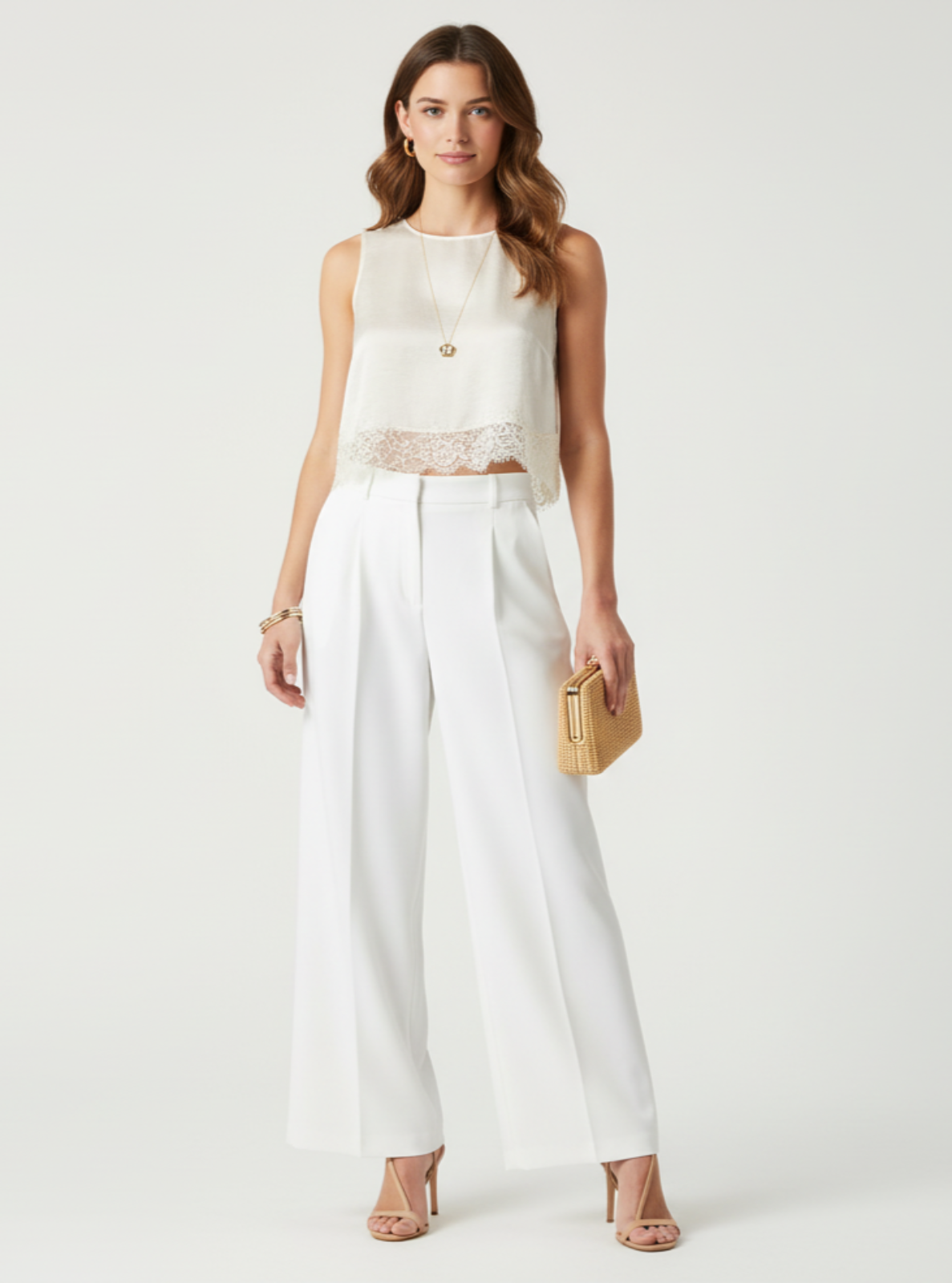 Woman wearing a white sleeveless top with lace detail and white pants, holding a gold clutch on a white background.