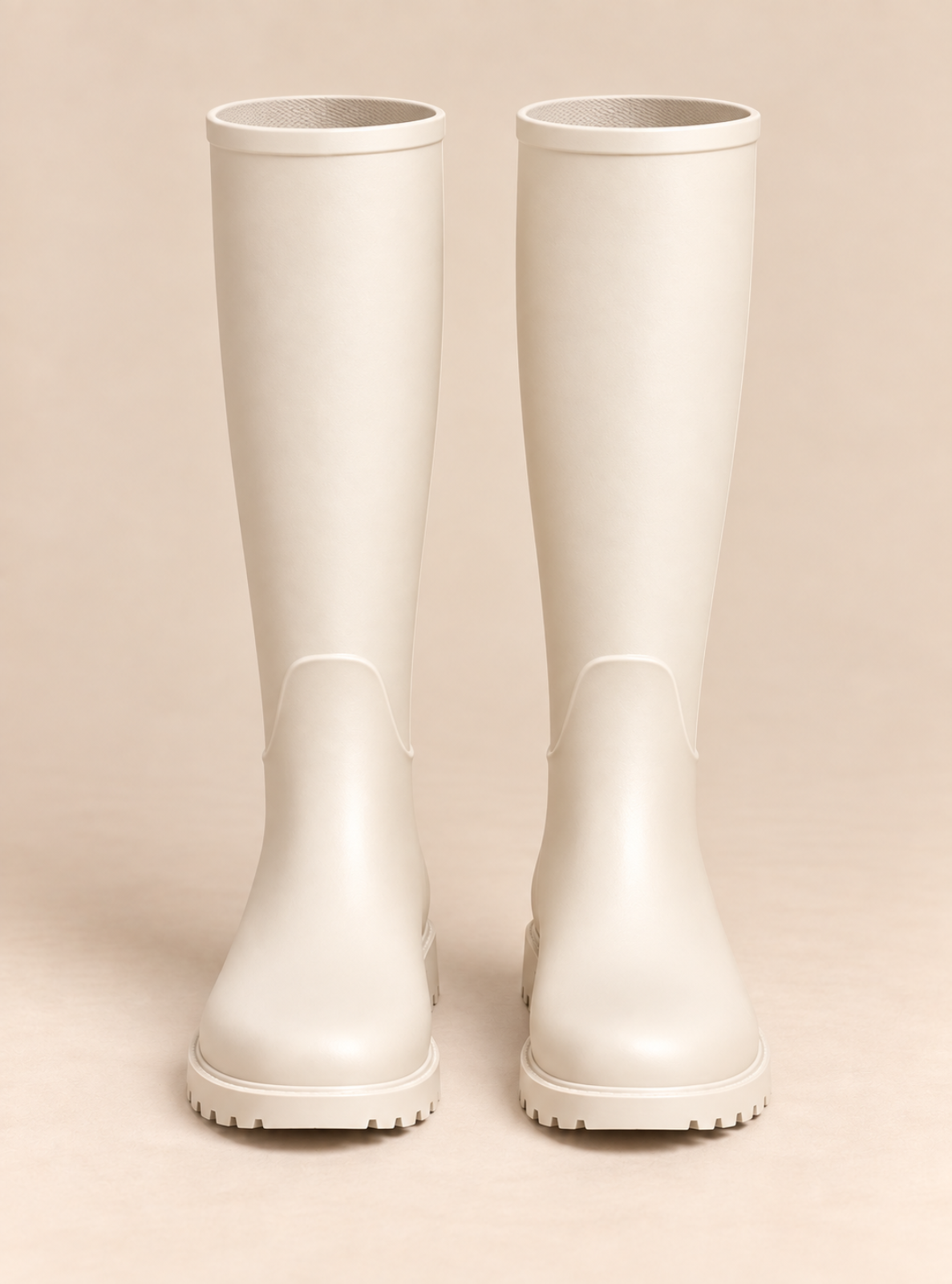 A pair of knee-high matte rubber rain boots in a warm off-white/cream color, shown from the front against a solid beige background.