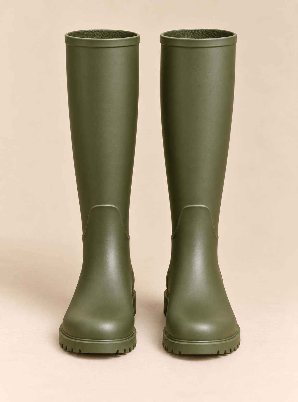 A pair of tall olive green rubber rain boots shown from the front against a solid beige background.