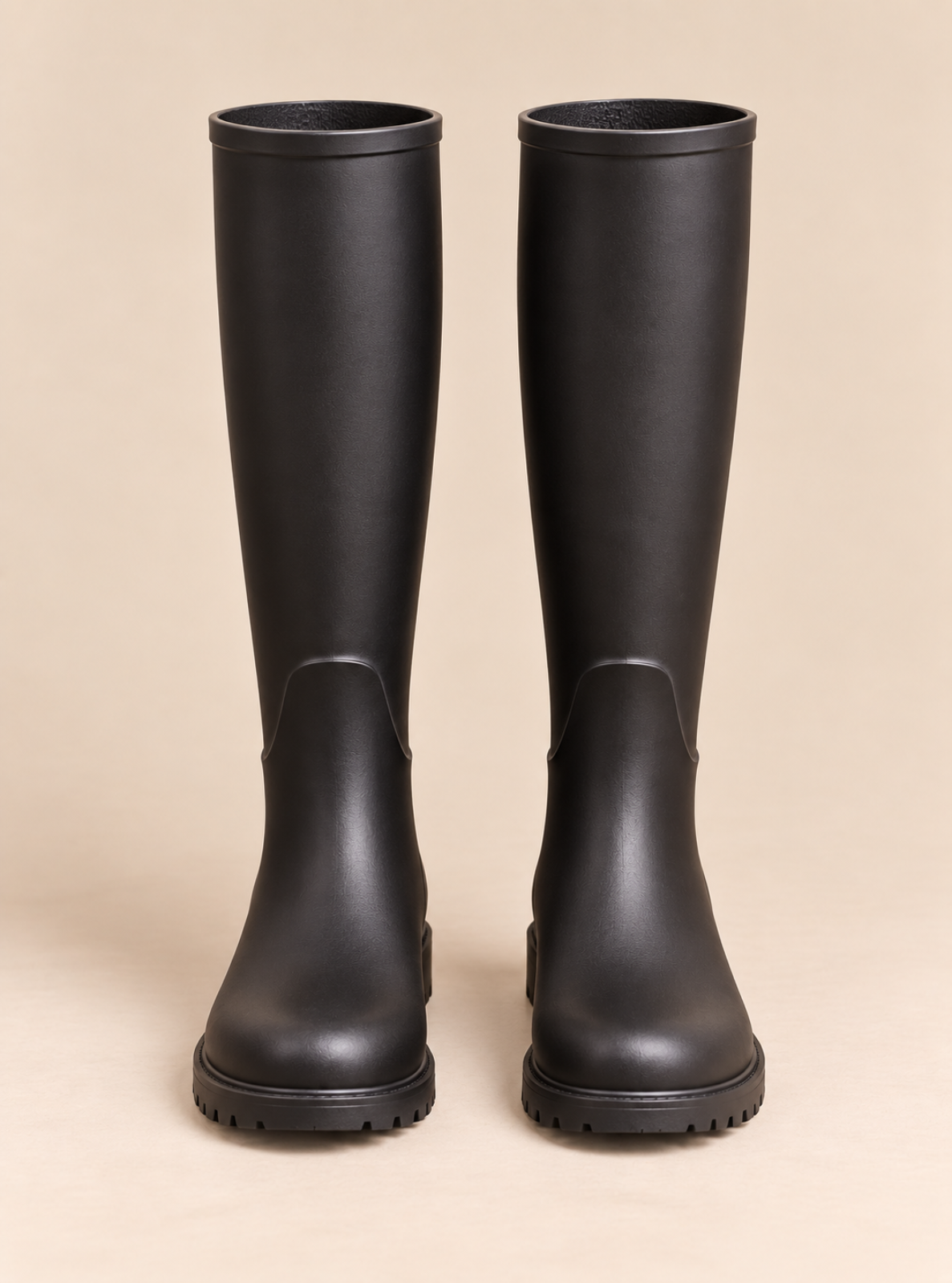 A pair of black knee-high rubber rain boots with a matte finish, shown from the front against a solid beige background.