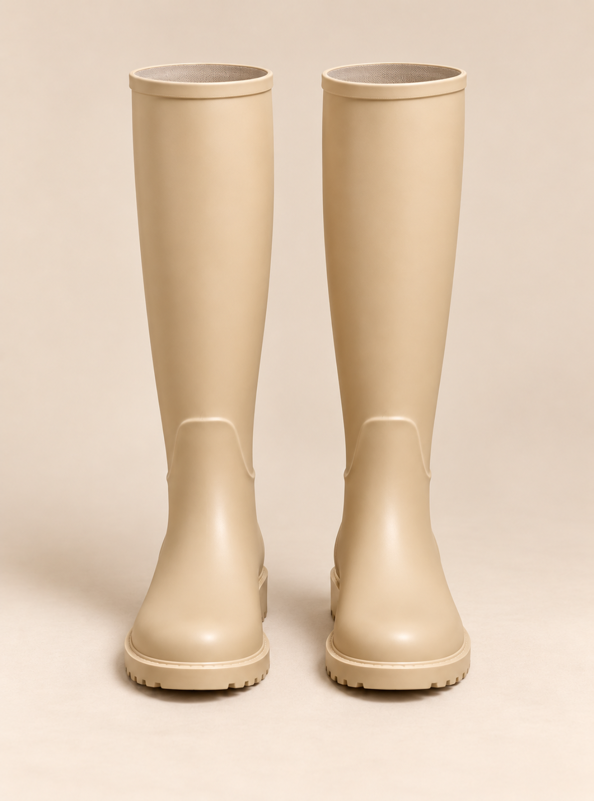 A pair of tall, knee-high rubber rain boots in a light beige color, shown from the back against a matching beige background.