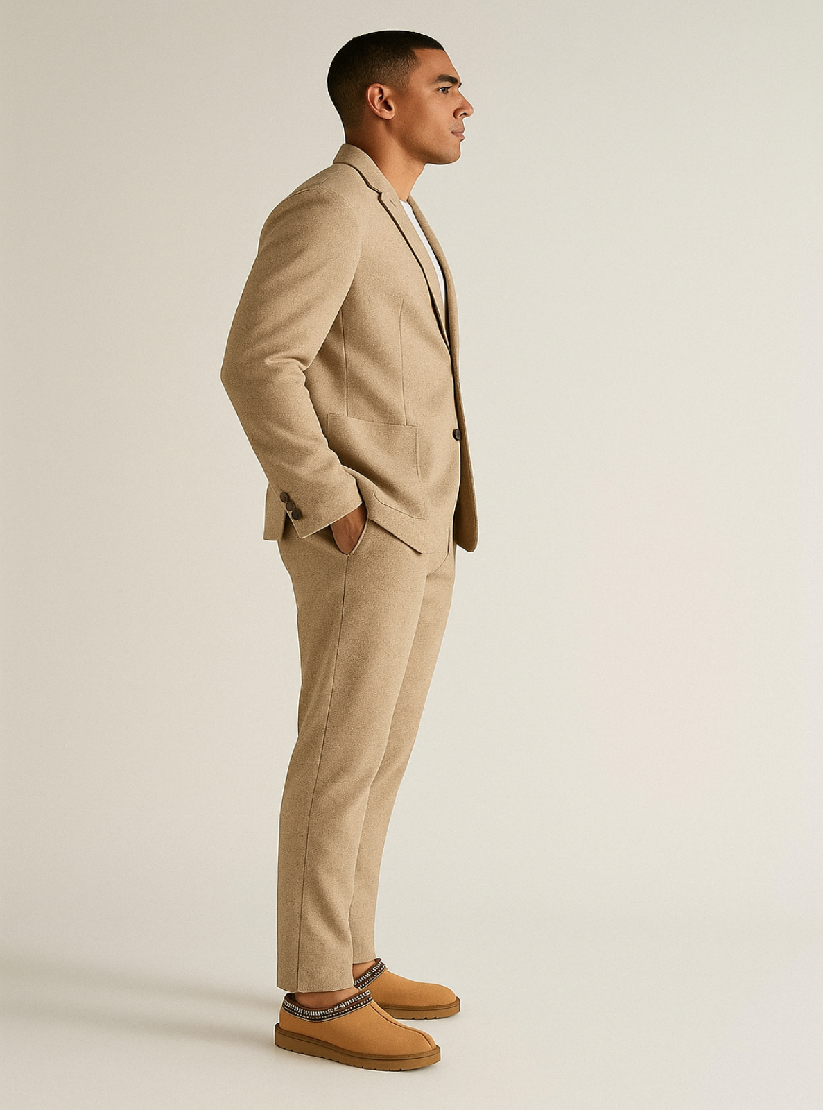 Man wearing a beige suit with brown shoes on a plain background