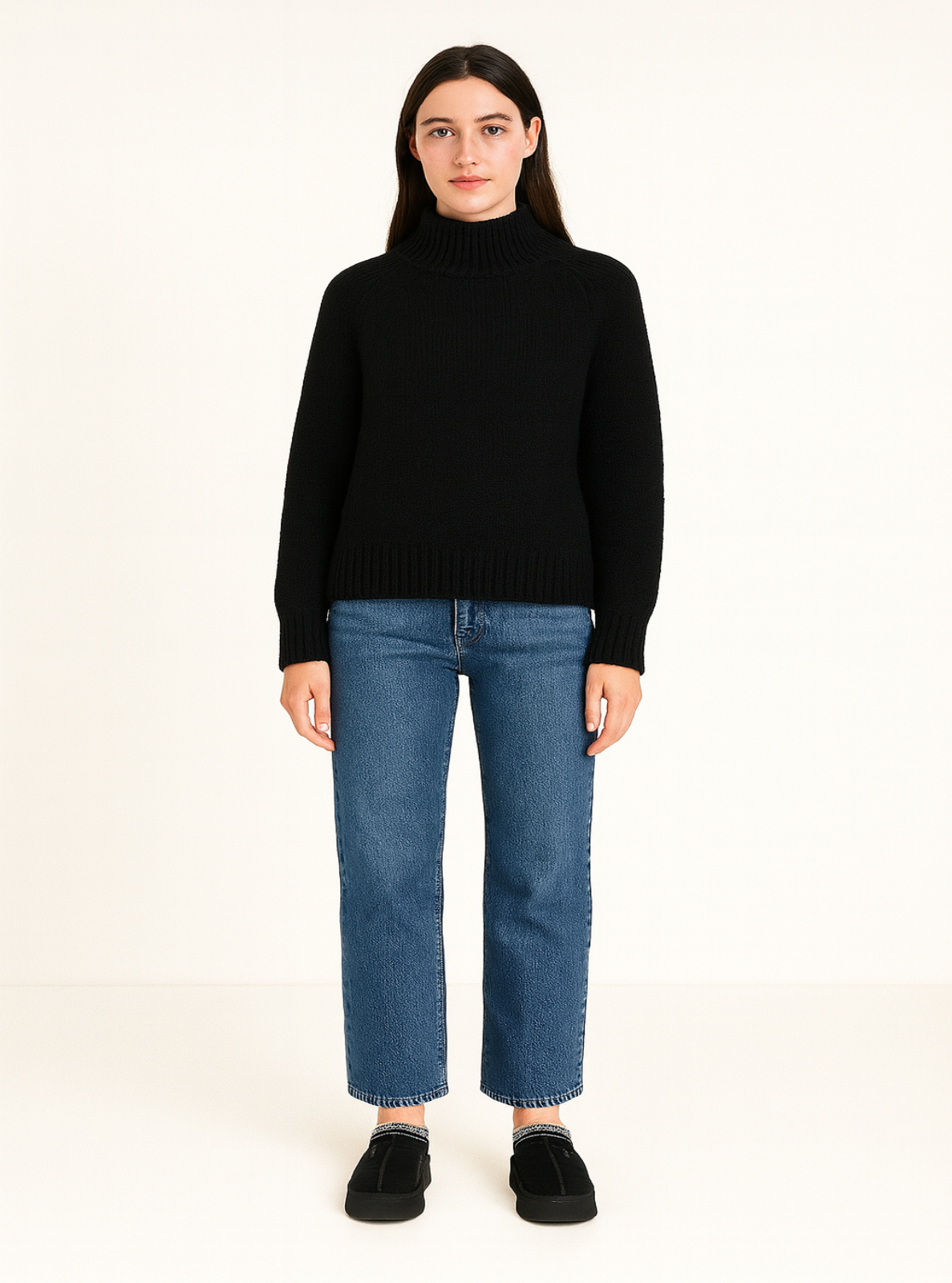 Person wearing a black turtleneck sweater and blue jeans on a white background