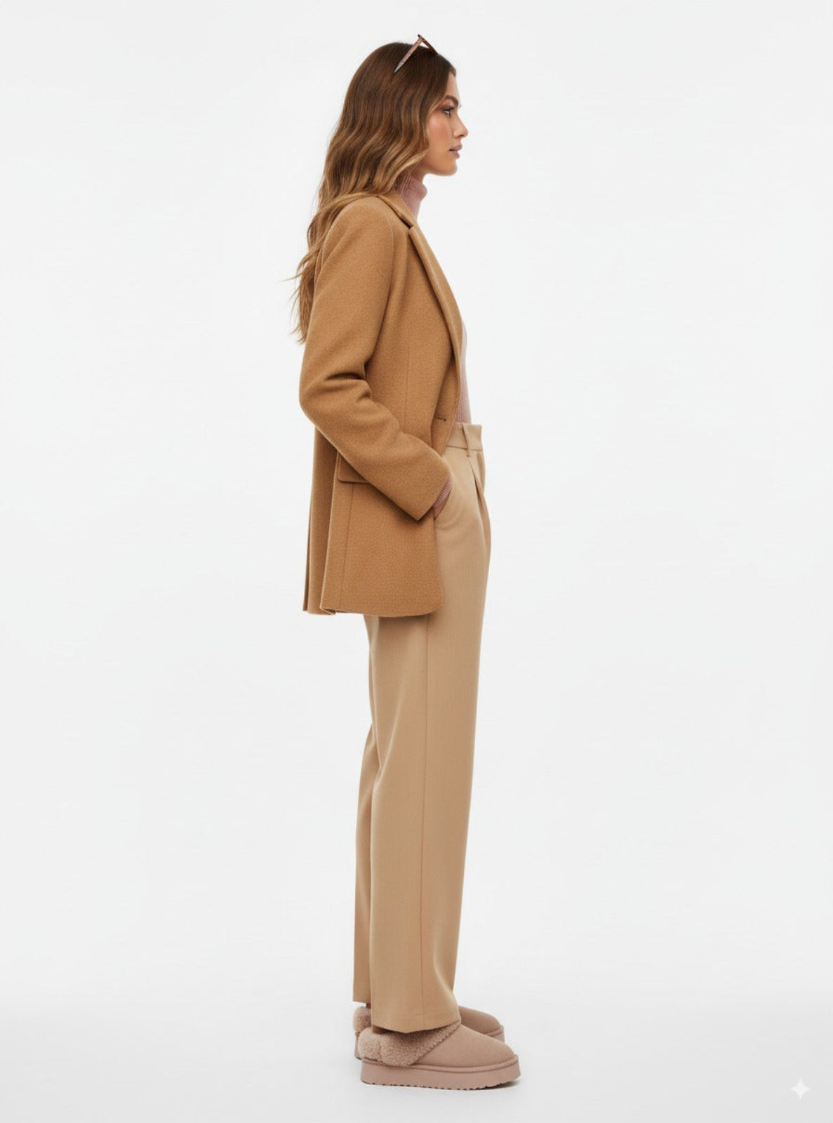 Woman wearing a beige suit on a white background