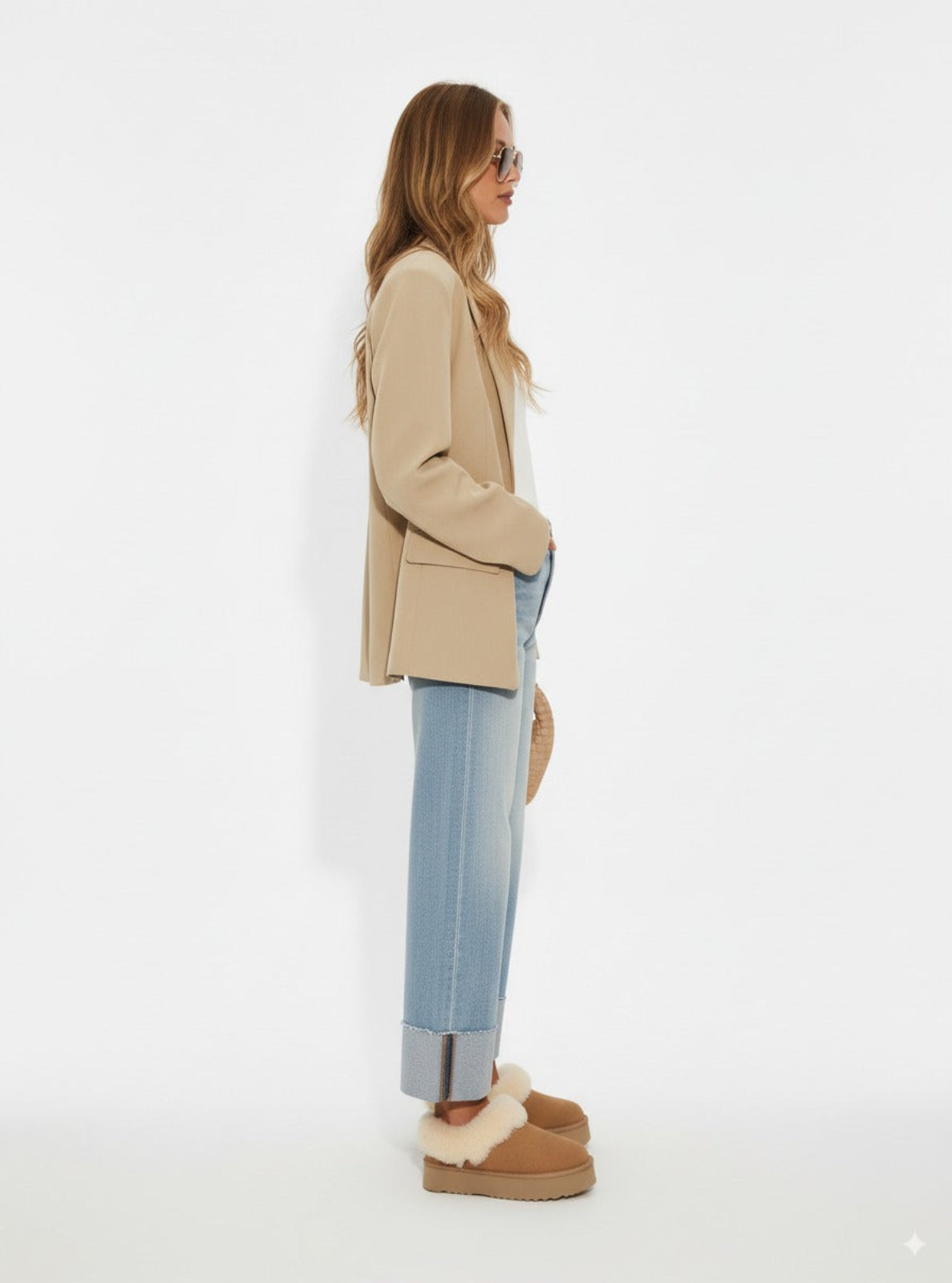 Woman wearing a beige blazer, light blue jeans, and brown shoes on a white background