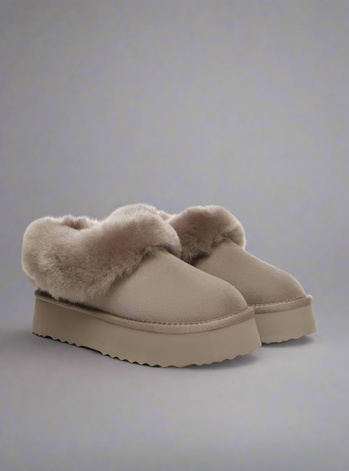 Pair of beige slippers with fur trim on a white background