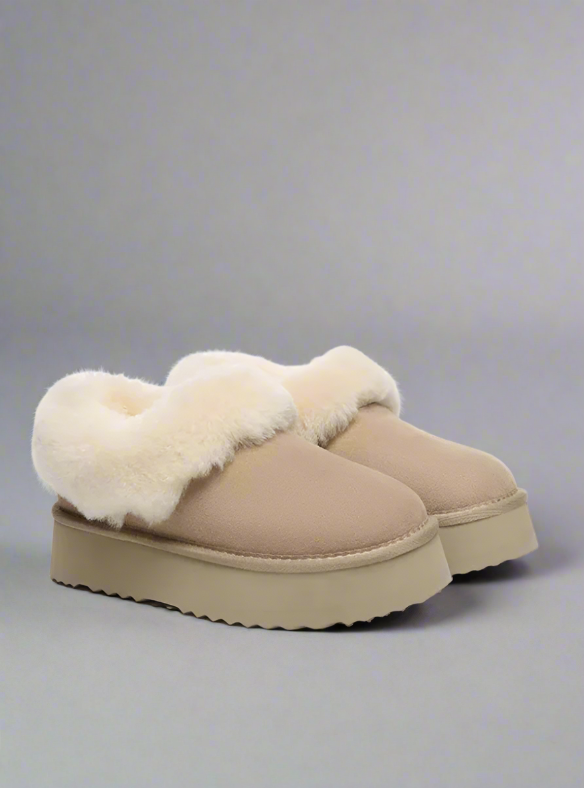 Beige slippers with white fur lining on a white background