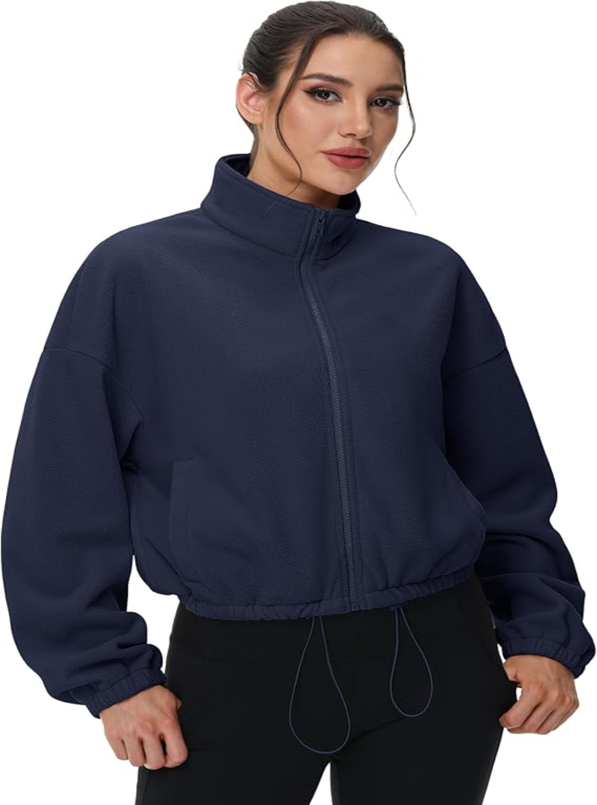 Woman wearing a navy blue jacket on a white background