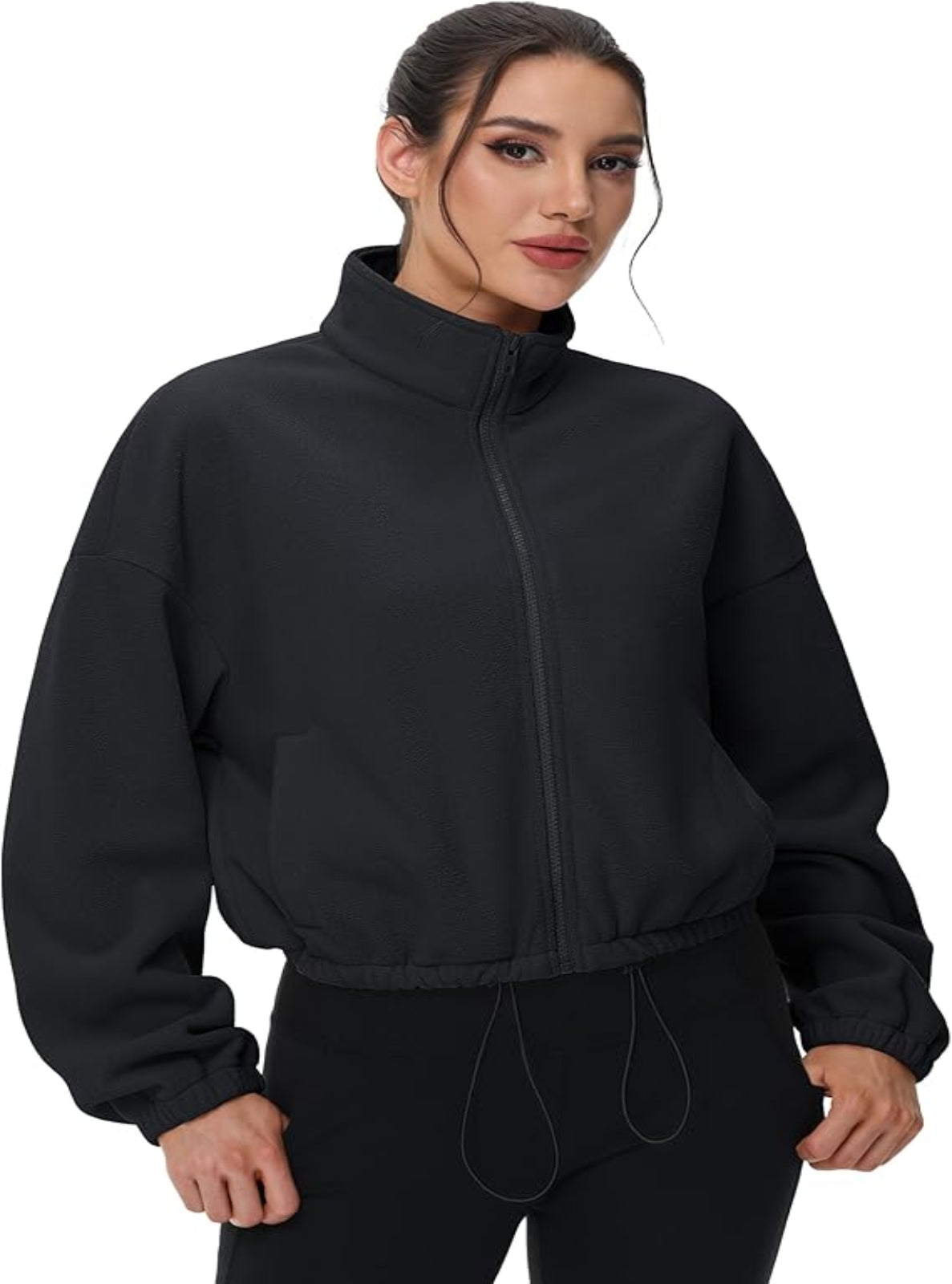 Woman wearing a black jacket on a white background