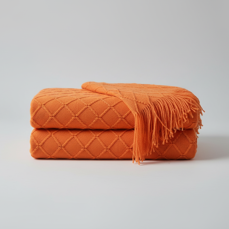 Orange quilted blanket with fringes on a light gray background