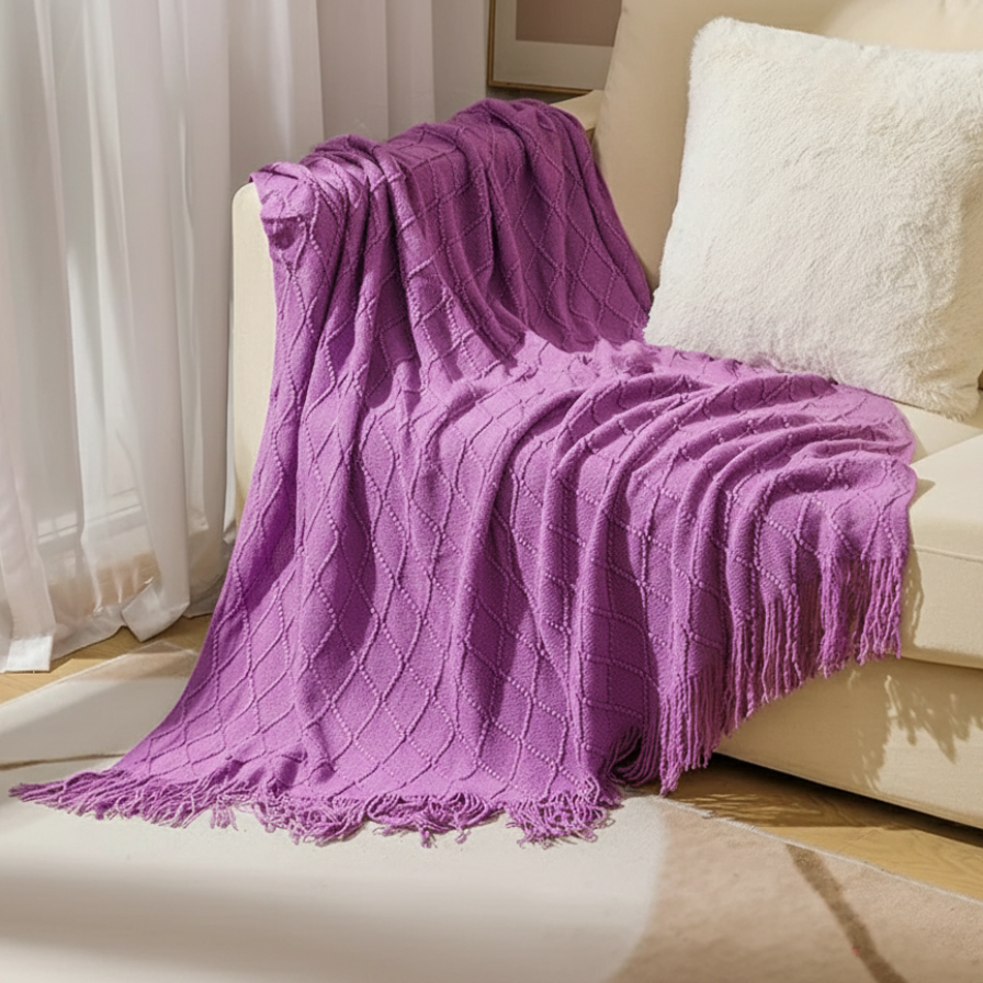 Purple blanket draped over a beige sofa with a white pillow in a living room setting.