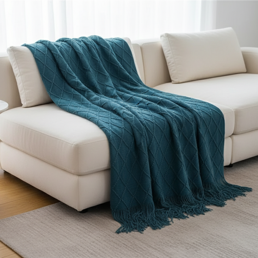 Teal blanket draped over a beige sofa in a living room setting.