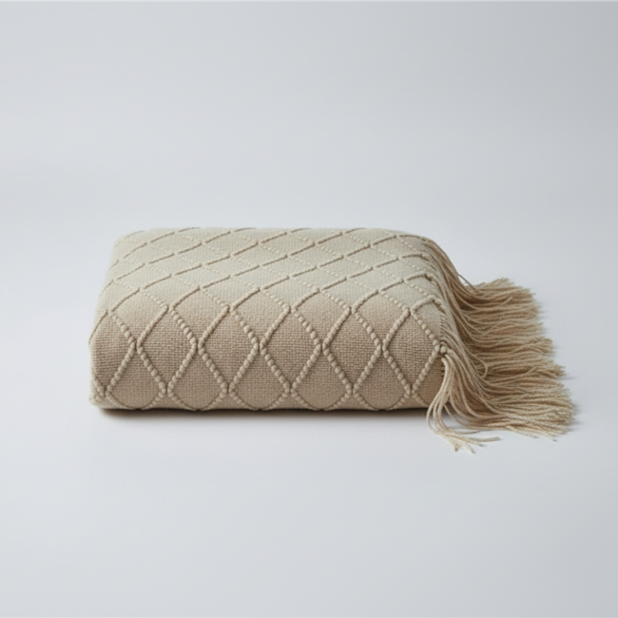 Beige knitted blanket with tassels on a light gray background