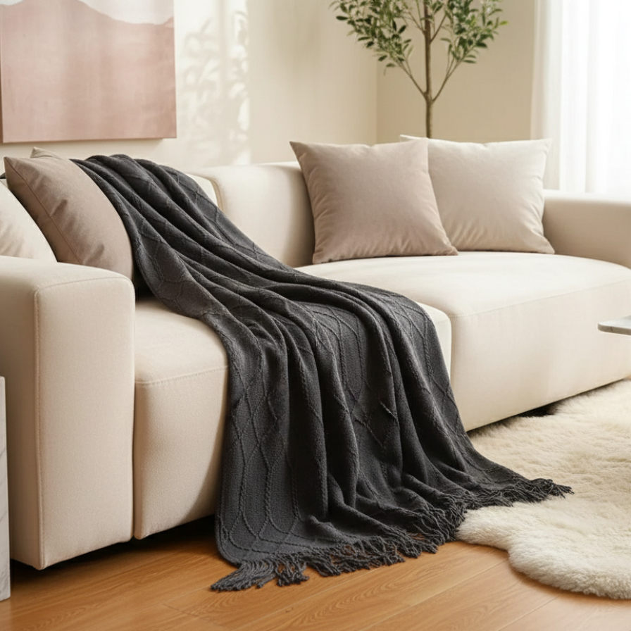 Gray throw blanket draped over a beige sofa in a living room setting.