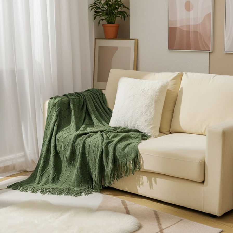 Living room with a beige sofa, green blanket, and side table with books.