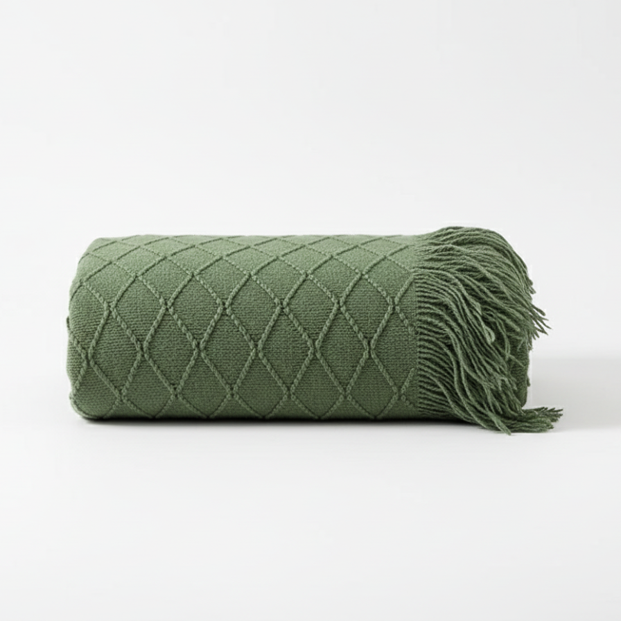 Green quilted blanket with fringes on a white background