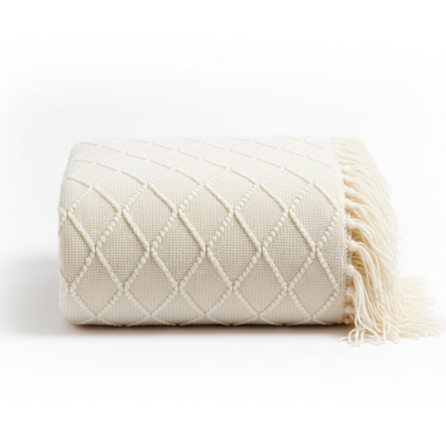 White quilted blanket with fringes on a white background