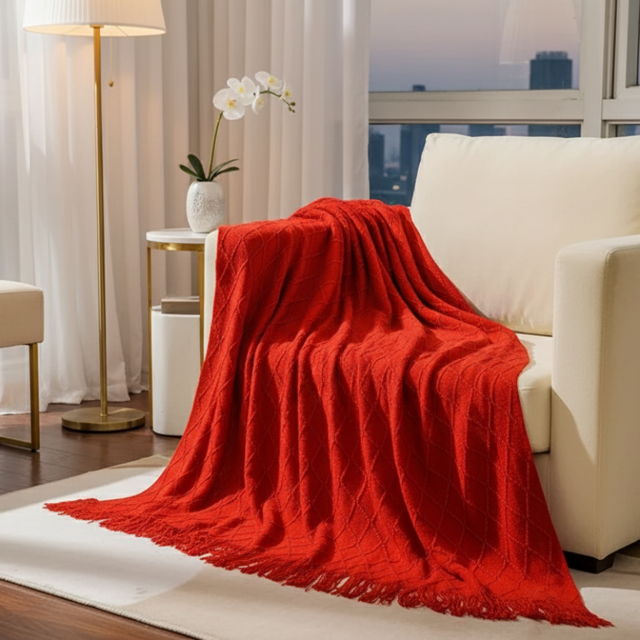 Red blanket draped over a white armchair in a modern living room with large windows.