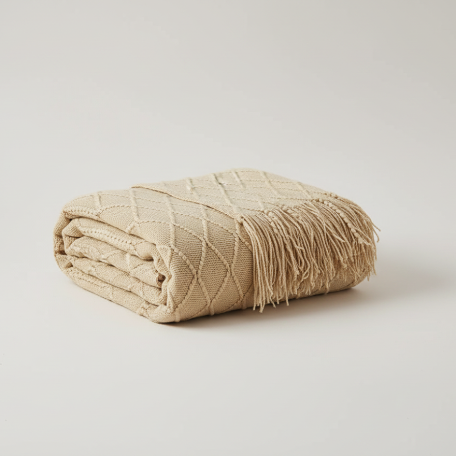 Beige woven blanket with fringe on a light gray background