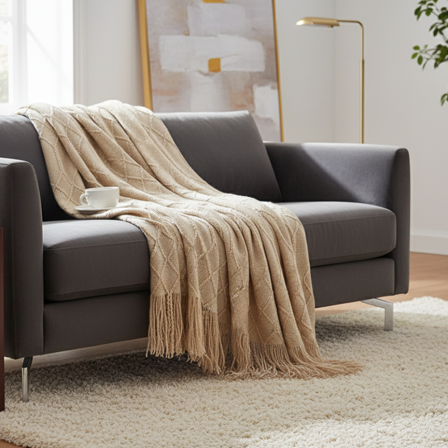 Gray sofa with a beige blanket in a living room setting
