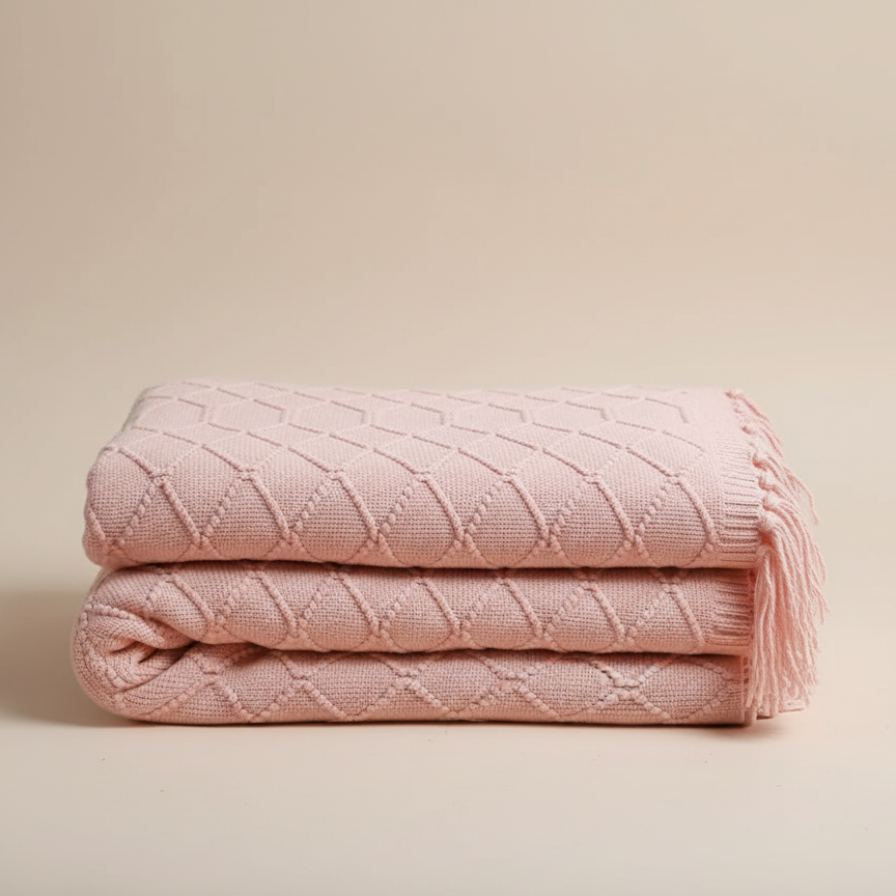 Stack of pink knitted blankets on a beige background