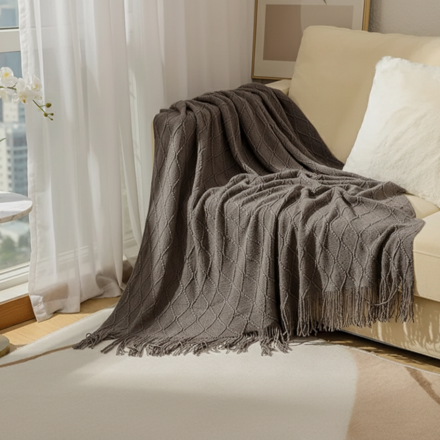 Beige sofa with a gray throw blanket and white pillow in a living room setting.