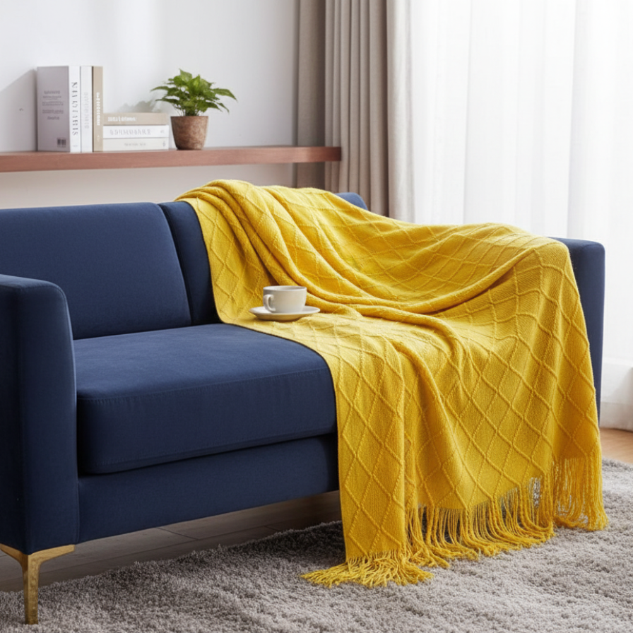 Blue sofa with a yellow blanket in a living room setting