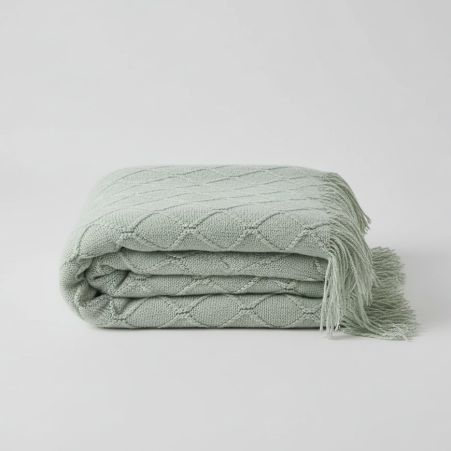 Folded green blanket with tassels on a white background