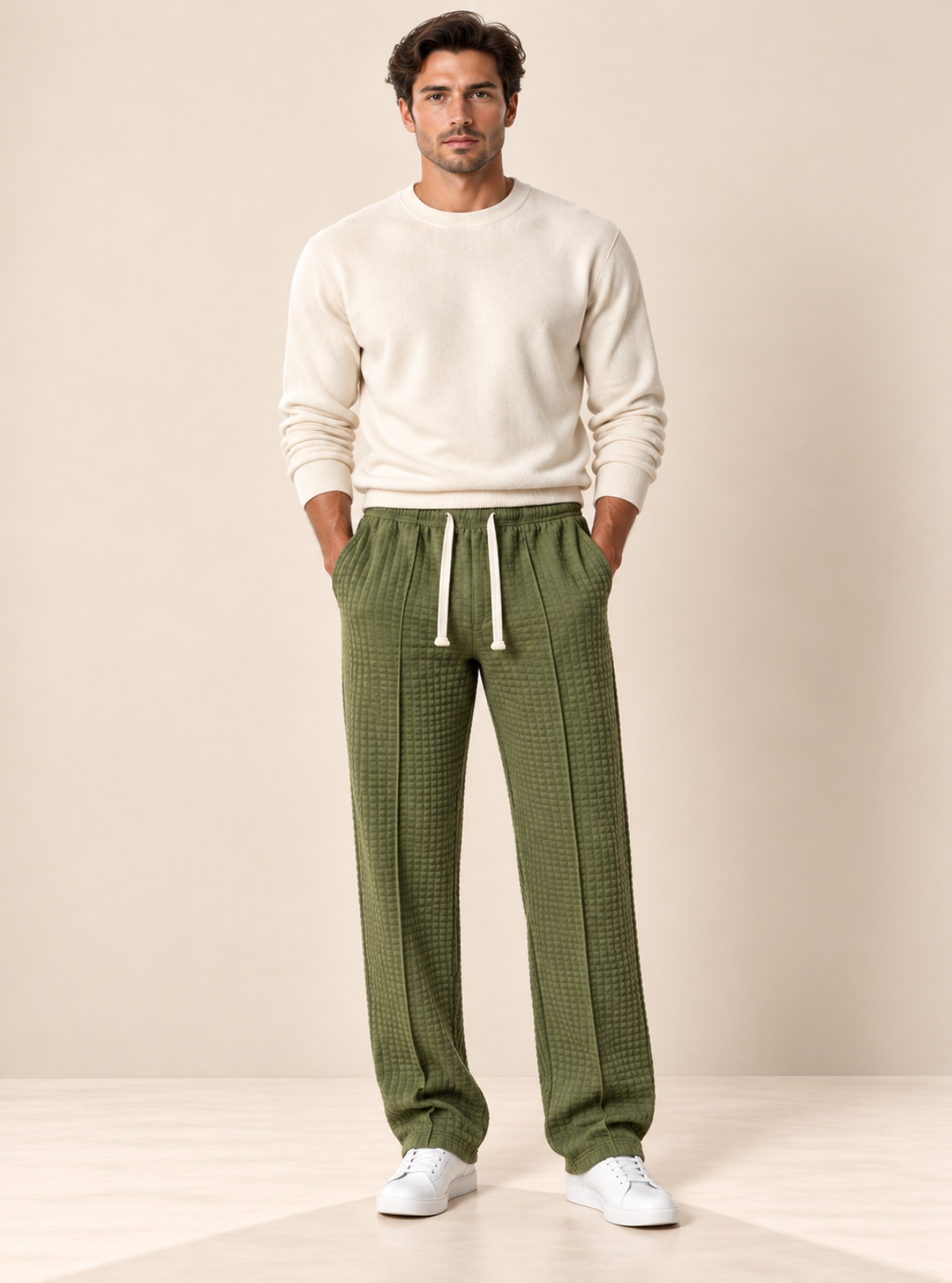 A man modeling olive green textured waffle-knit lounge pants with a white drawstring, paired with a cream crewneck sweater and white sneakers, against a warm beige studio background.