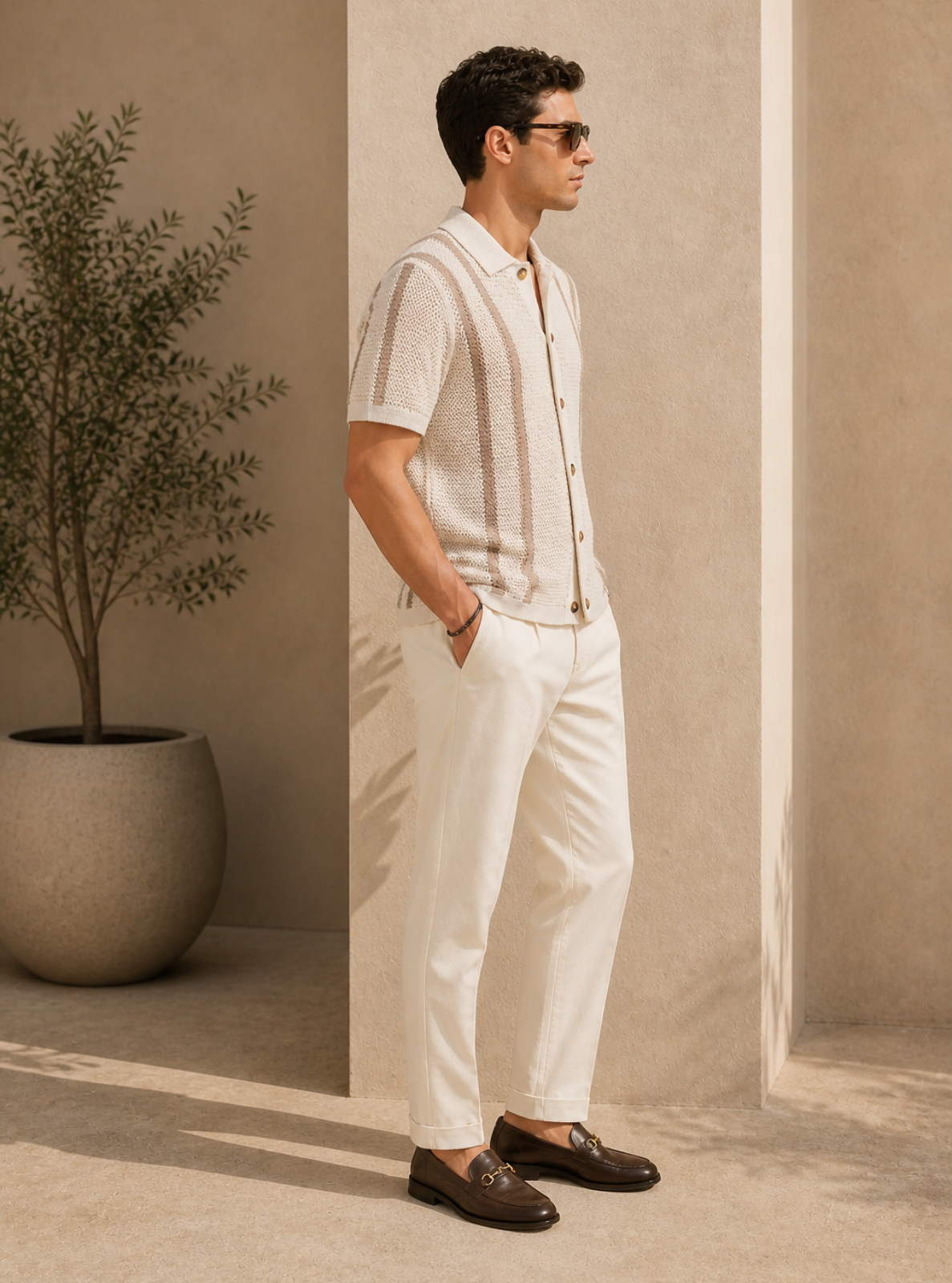 Man in a light-colored outfit standing against a beige wall with a plant.