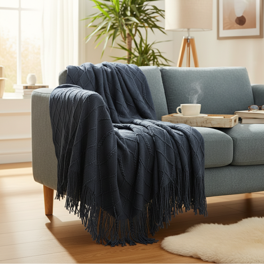 Blue blanket draped over a gray sofa in a living room with a plant and lamp in the background.
